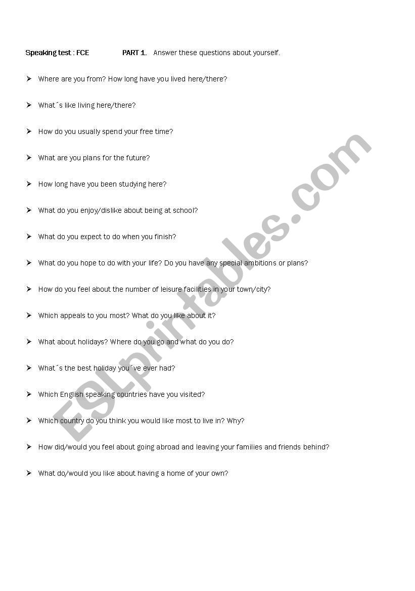 Speaking FCE part 1 worksheet