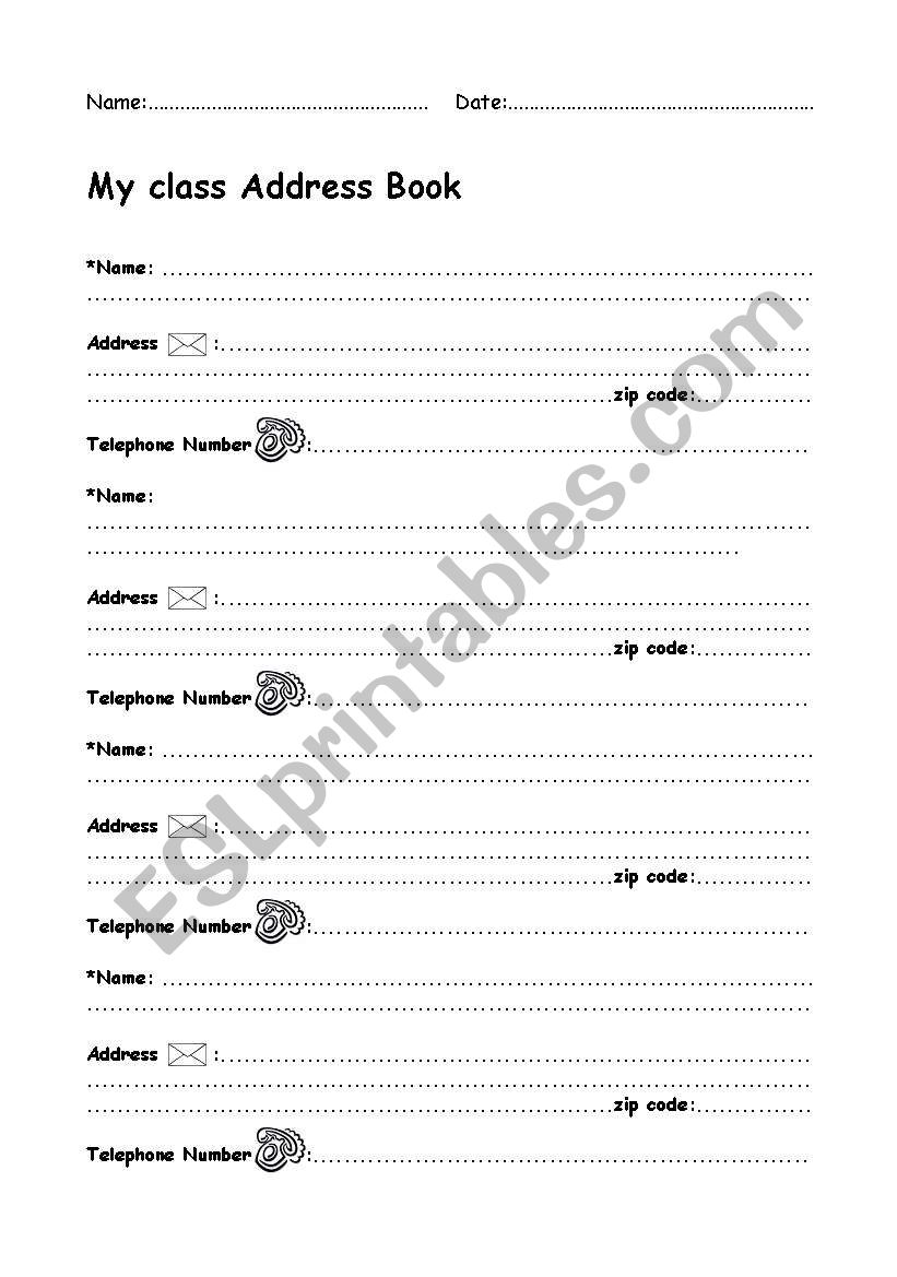 My Class Address Book worksheet