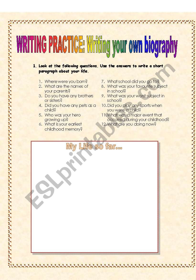 Guided Writing: Autobiography worksheet