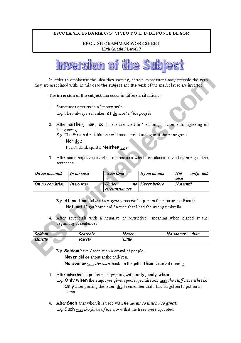 Inversion of the subject worksheet