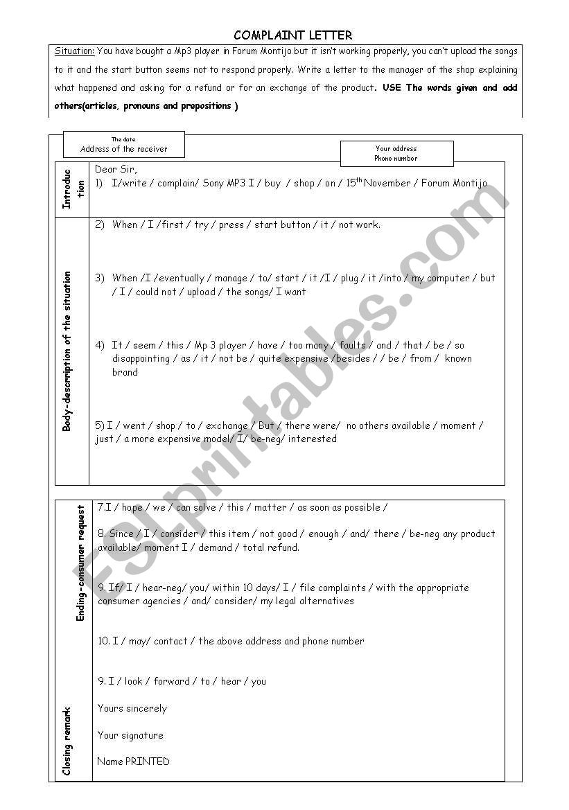Guided complaint letter worksheet