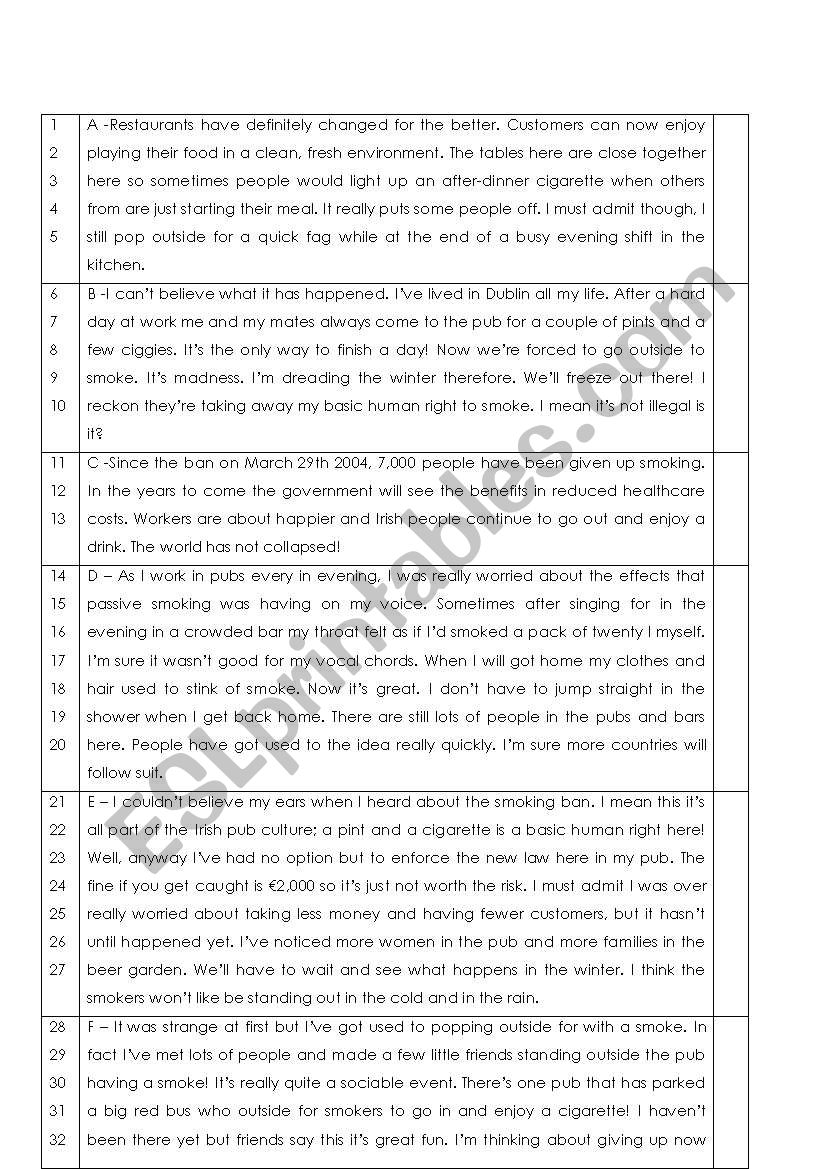 Smoking Ban in Ireland worksheet