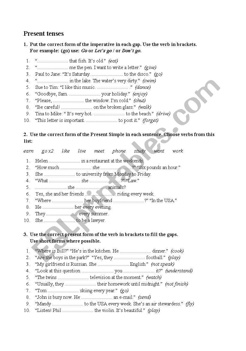 present tense worksheet/test worksheet