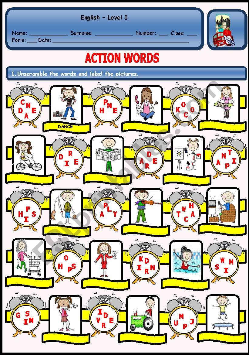 ACTION WORDS PUZZLE worksheet