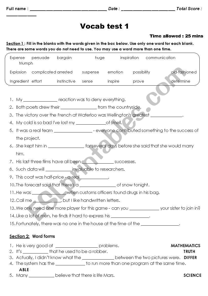 Vocab Test 1 worksheet
