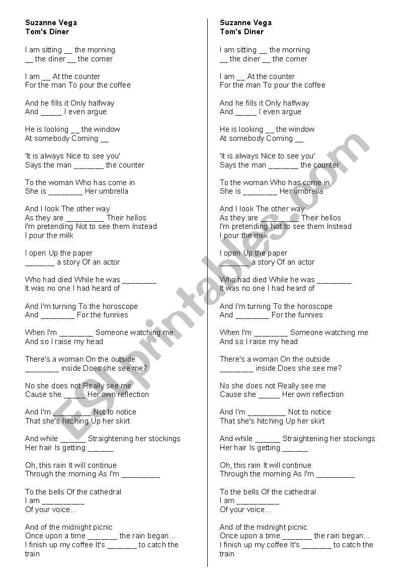 toms diner - suzanne vega worksheet