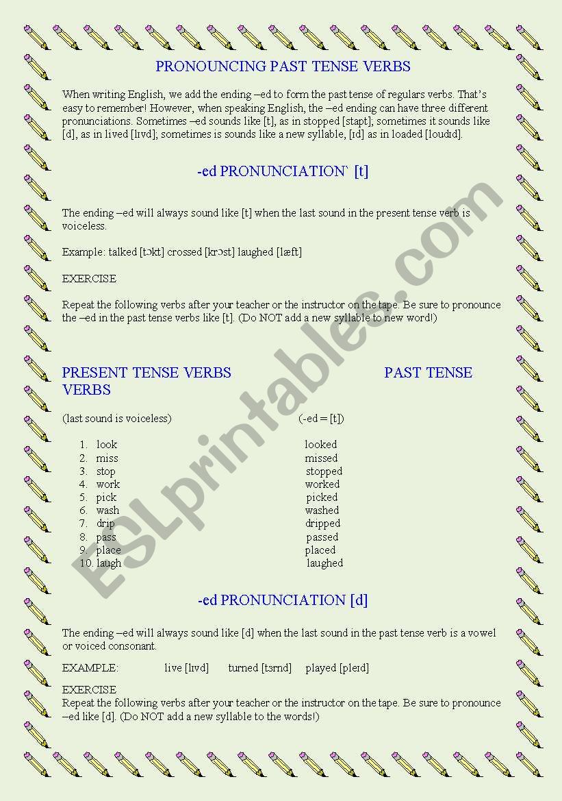 PRONOUNCING PAST TENSE VERBS worksheet