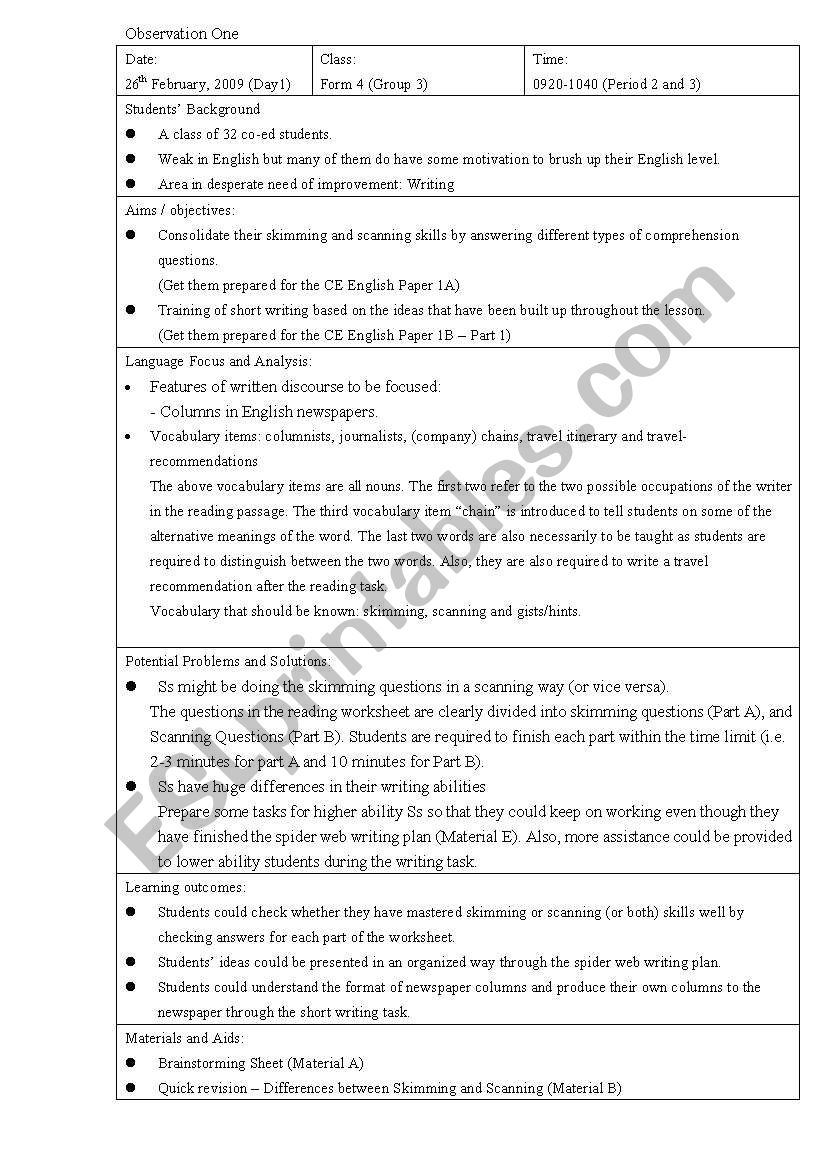 Lesson plan on Skimming and Scanning plus writing activities