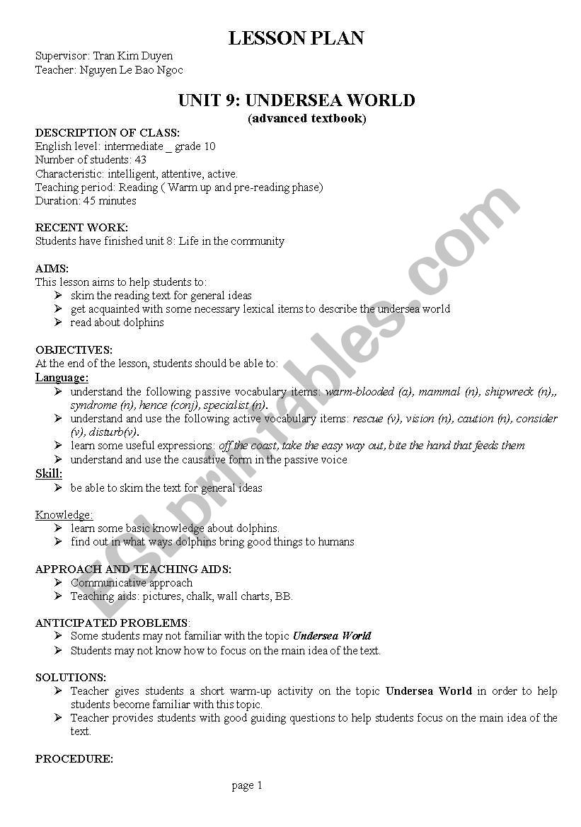 Lesson plan Reading worksheet