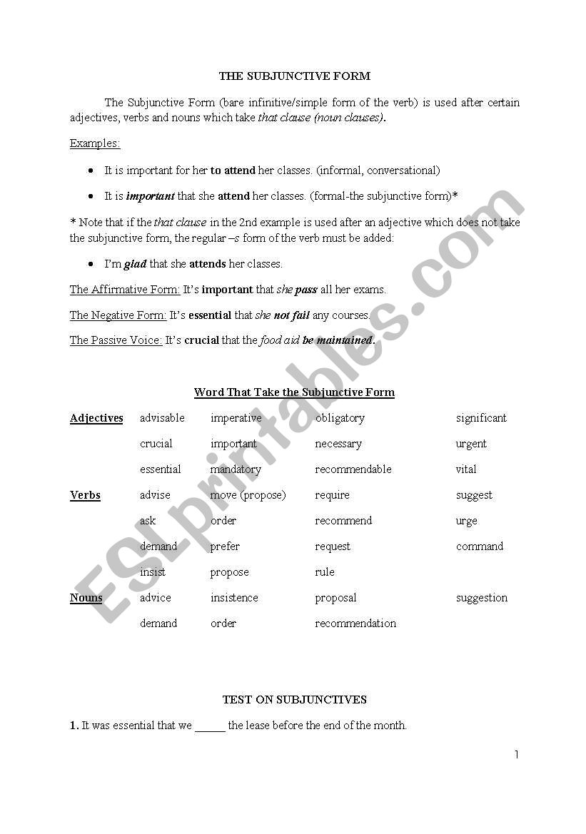 The Subjunctive Form worksheet
