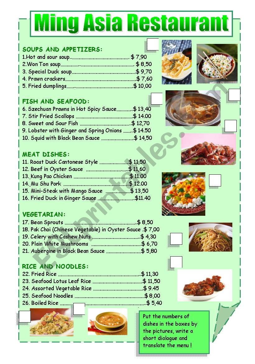 RESTAURANT MENU worksheet