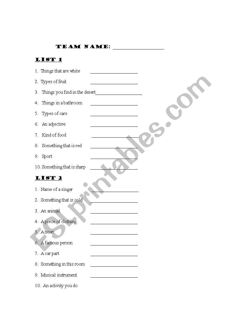 Scattergories worksheet