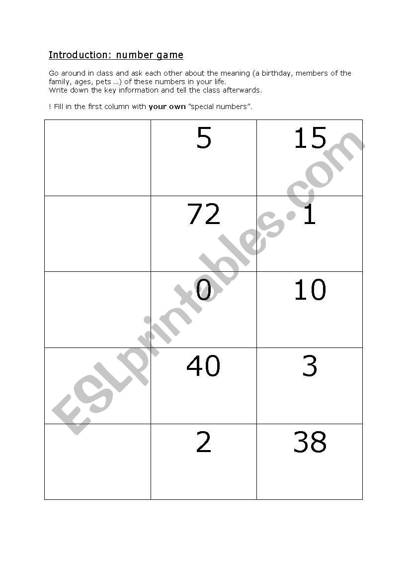 Introduction game - numbers worksheet