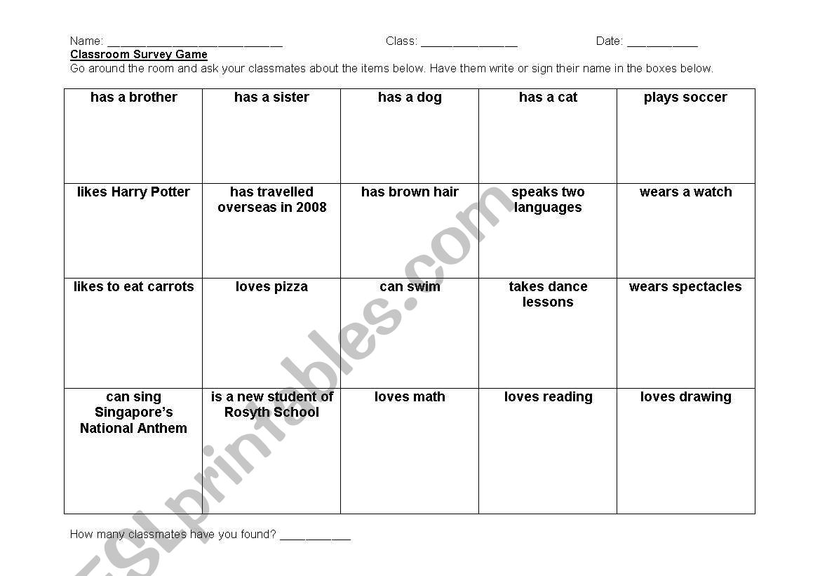 Classroom Survey Game worksheet