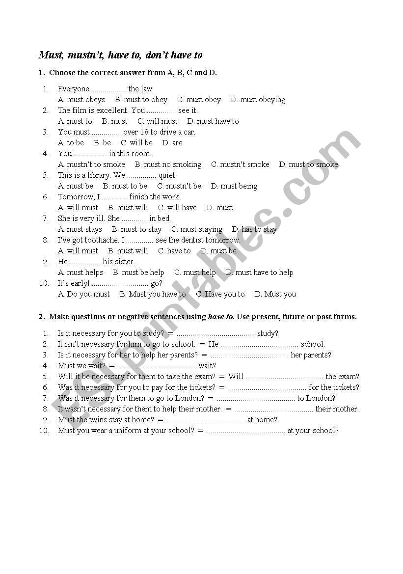 MUST OR HAVE TO - ESL worksheet by felizapenas