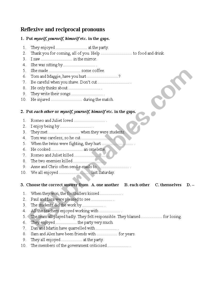 reflexive pronouns. worksheet