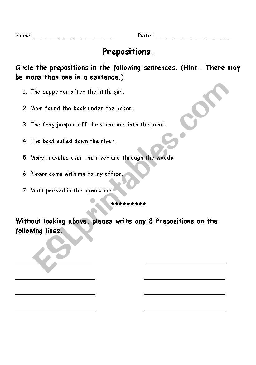 Preposition worksheet