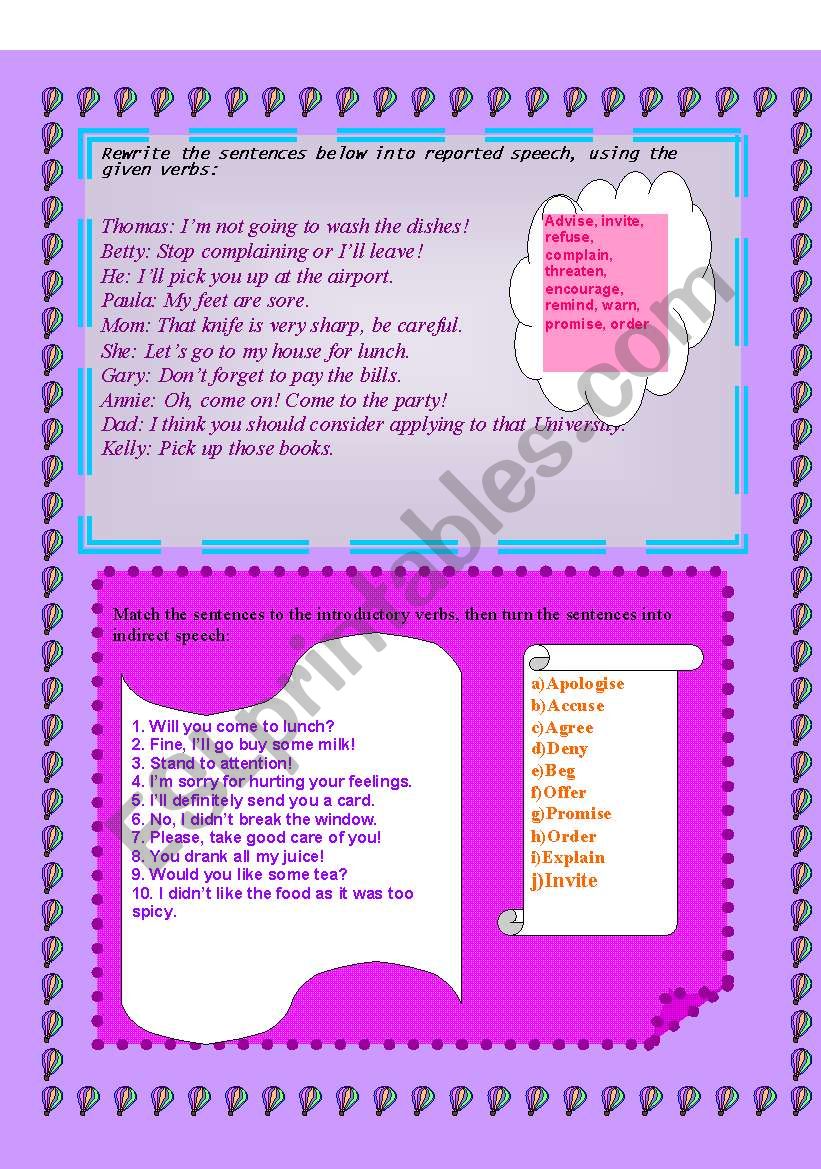 indirect speech worksheet