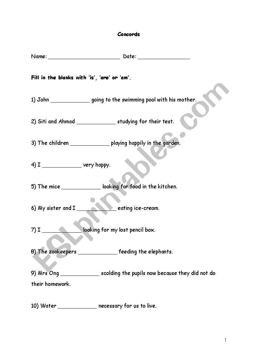 concords worksheet