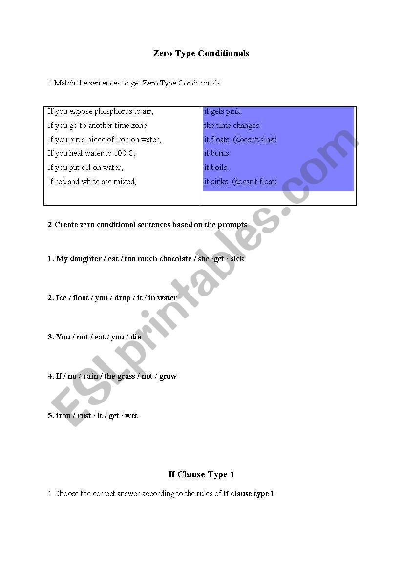 zero type of conditionals worksheet