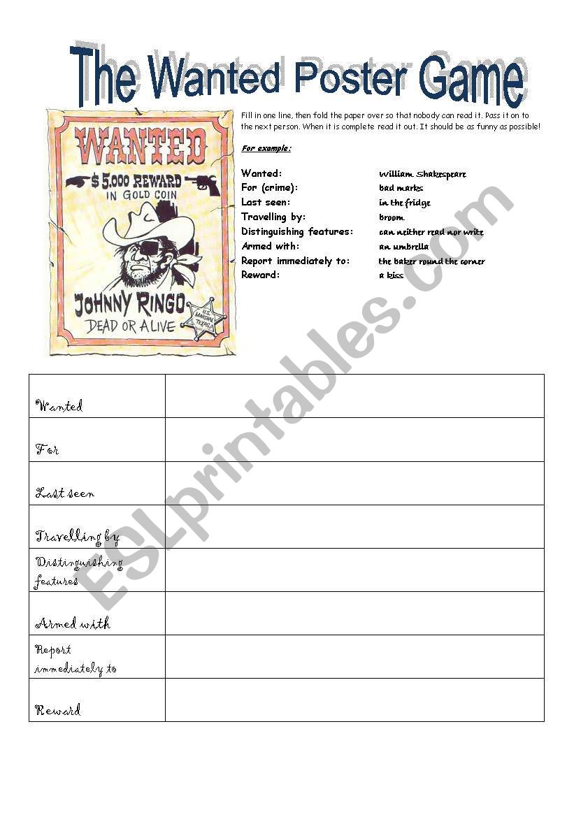 The Wanted Poster Game worksheet