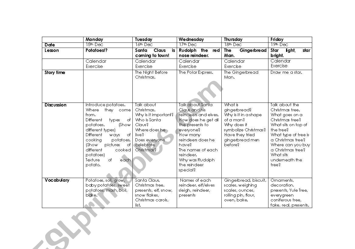 Christmas lesson plan worksheet