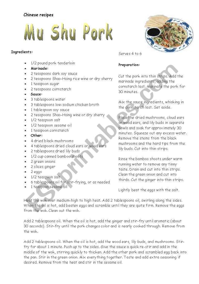 chinese recipes worksheet