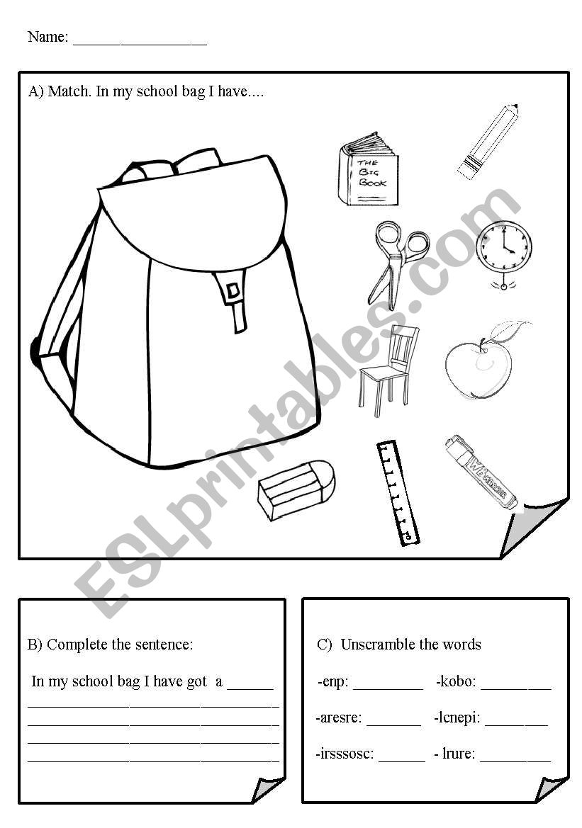 School objects worksheet