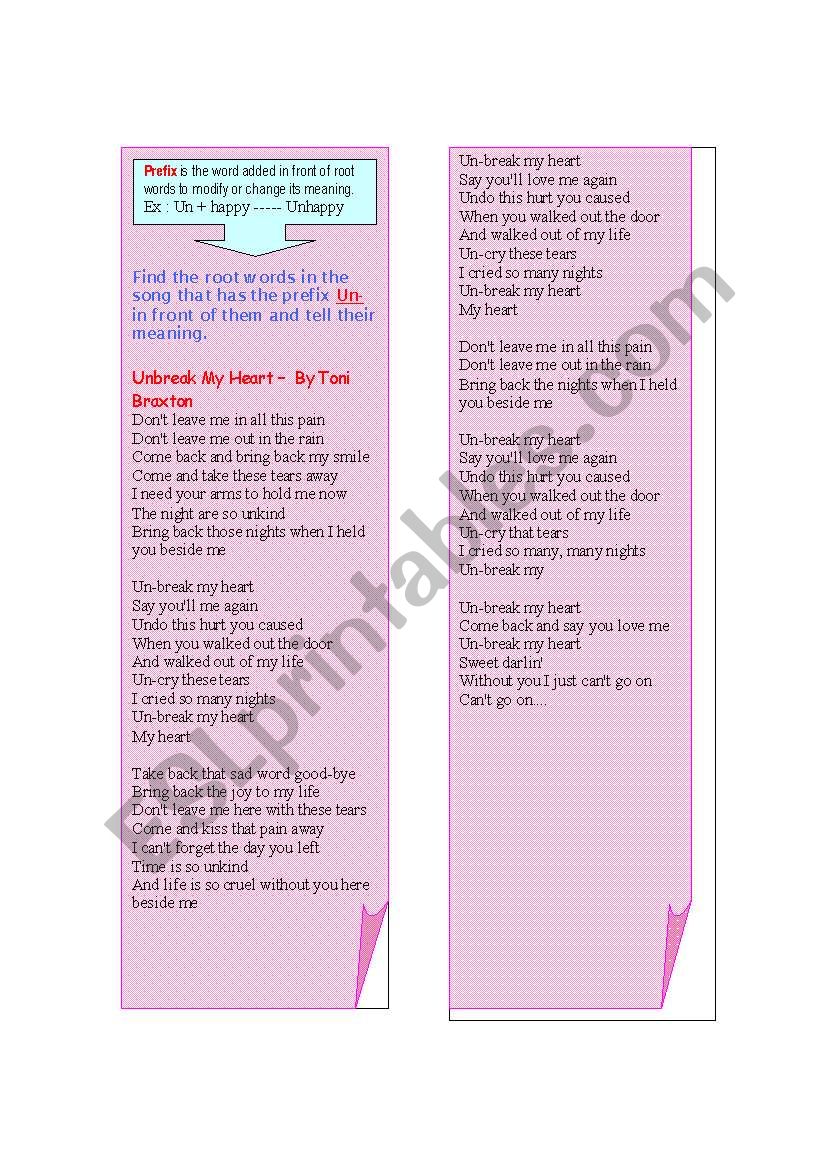 Prefix-Unbreak my heart worksheet