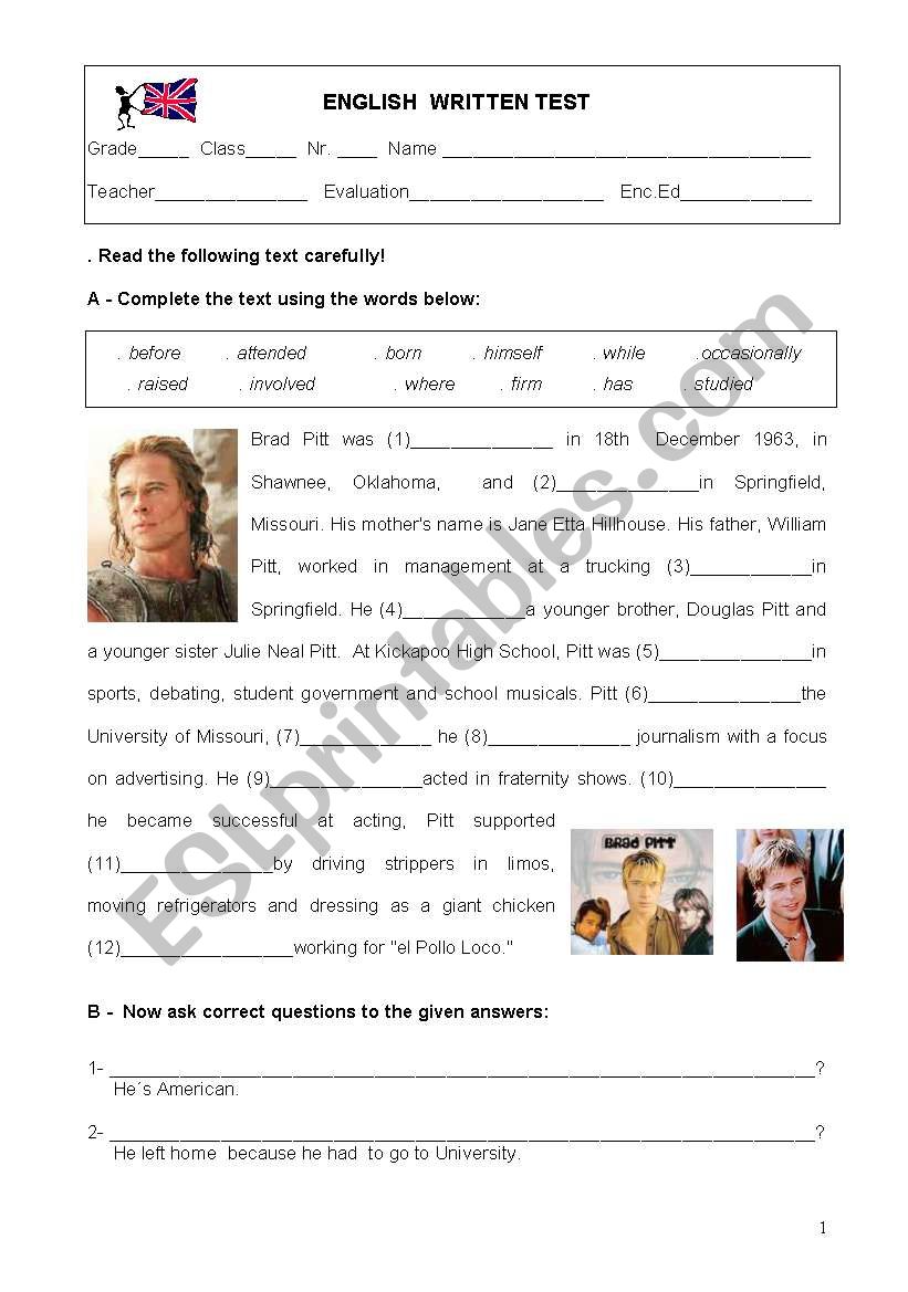 Brad Pitt worksheet