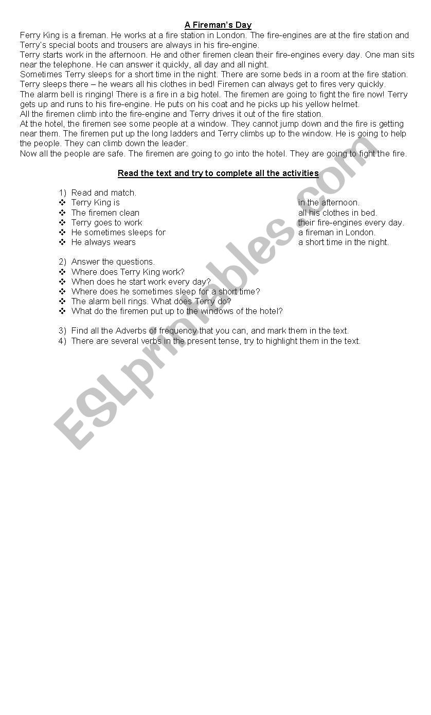 A Firemans Day worksheet