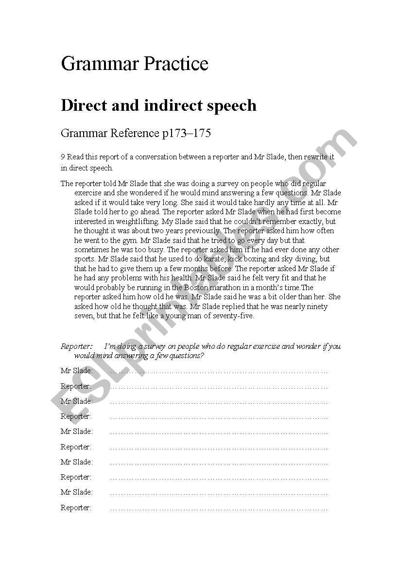 Direct and indirect speech worksheet