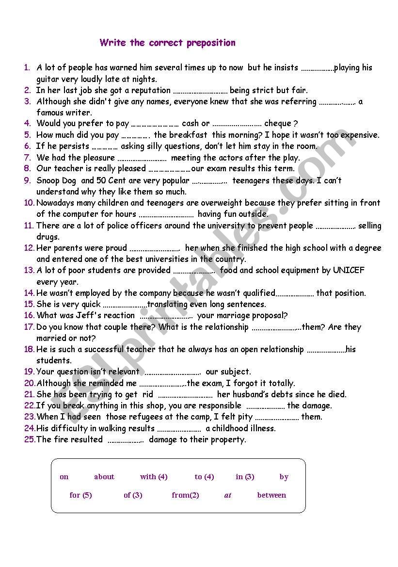 write the correct prepositions