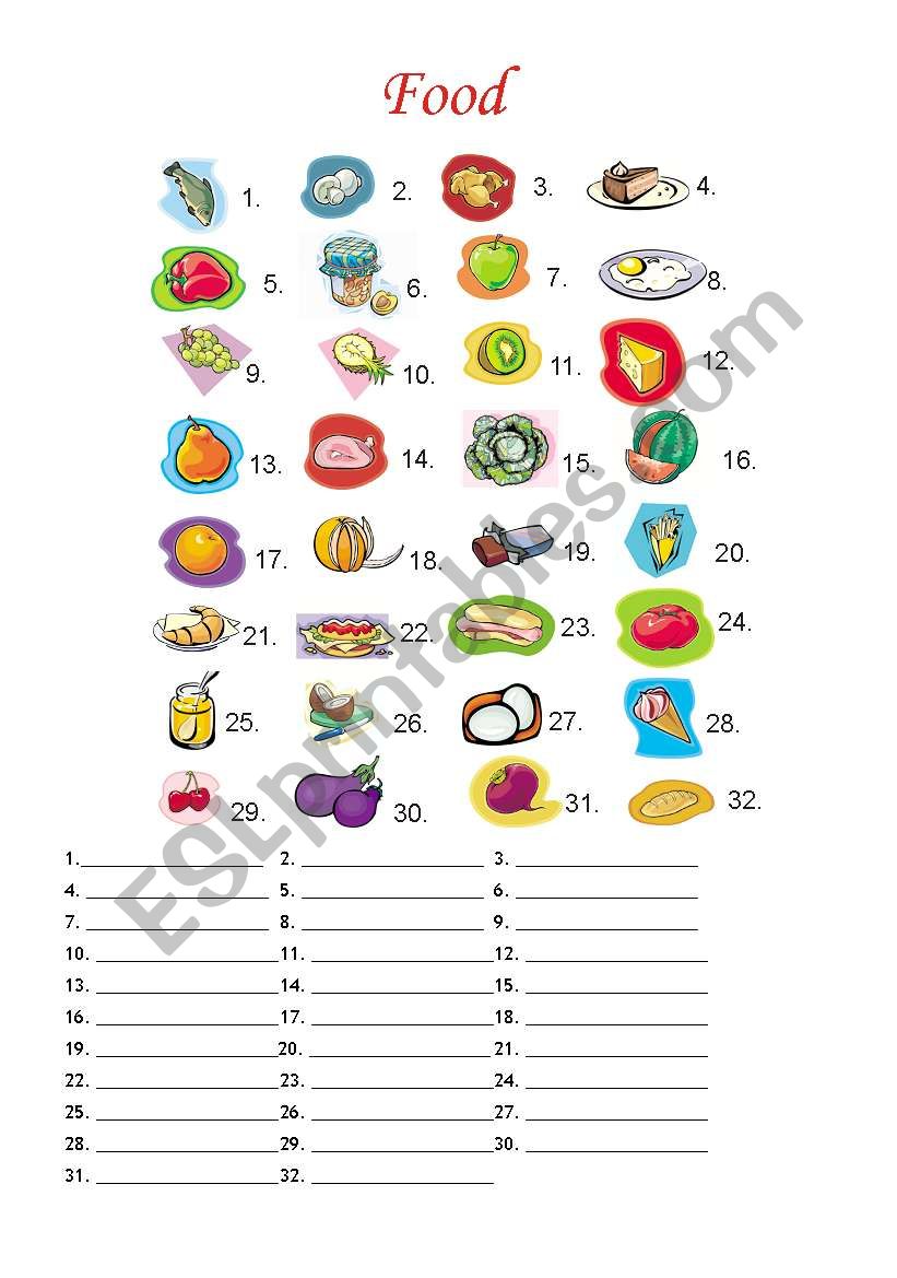 FOOD, 32 pictures worksheet