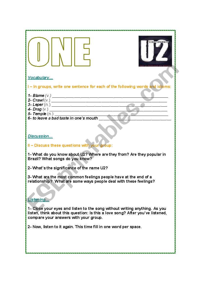 One by U2 - song class worksheet