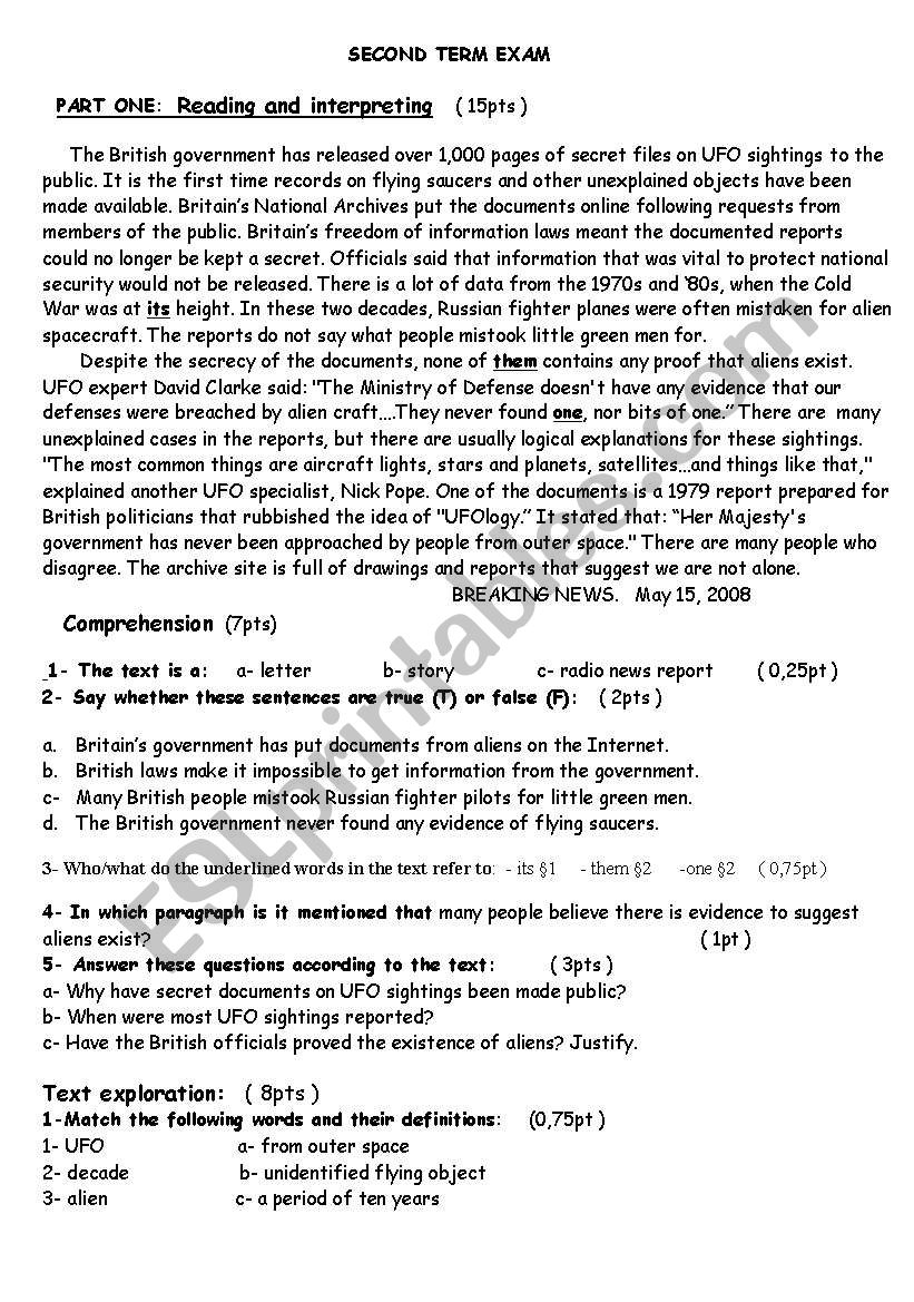     Test :          UFOs worksheet