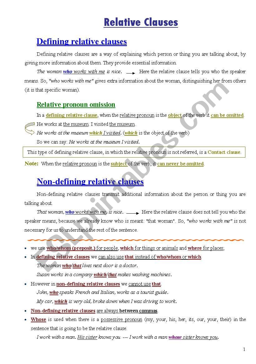 Relative Clauses and Pronouns worksheet