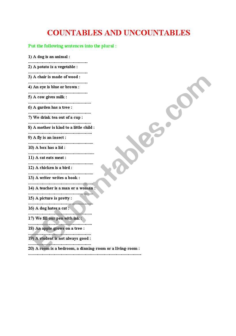 COUNTABLES AND UNCOUNTABLES worksheet