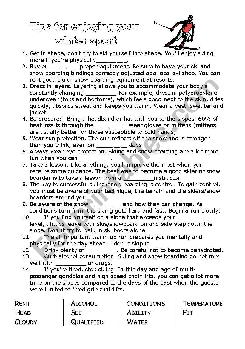 Tips for skiing worksheet