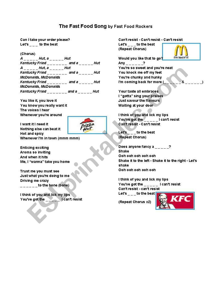 Fast Food song and word search