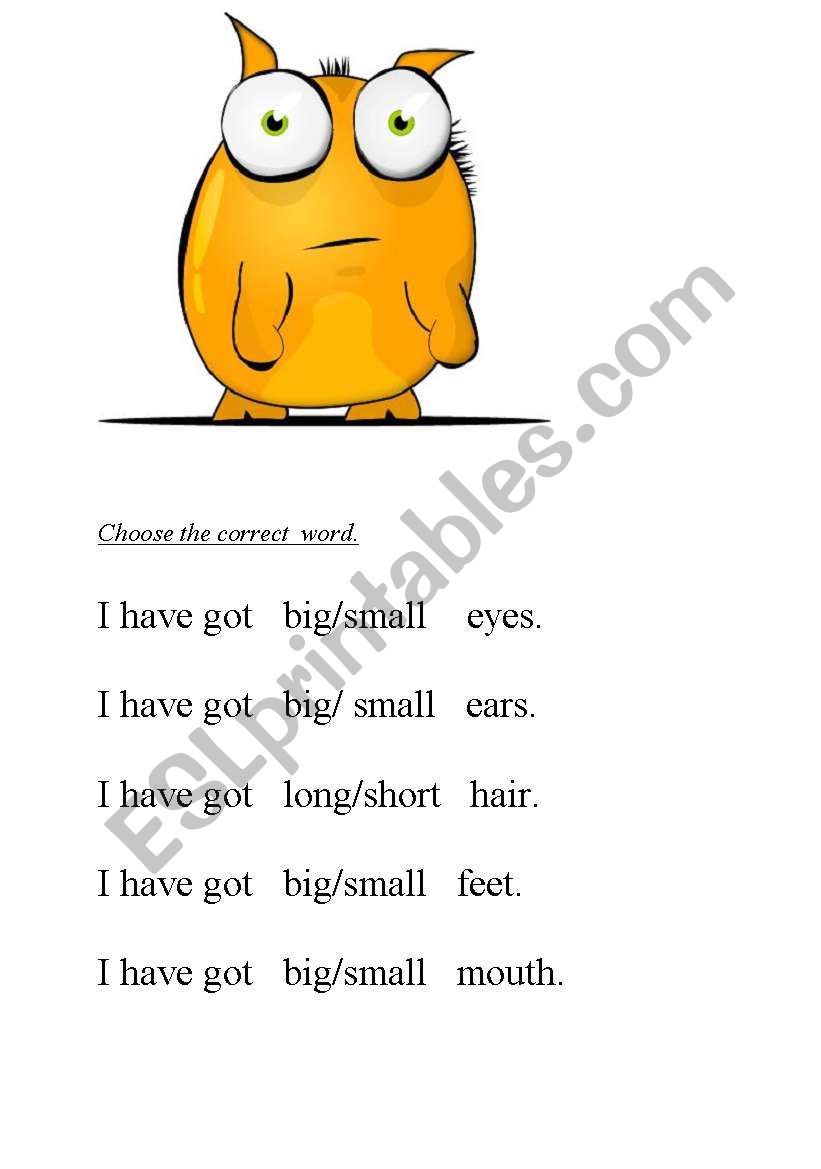 Monster body+ easy adjectives worksheet