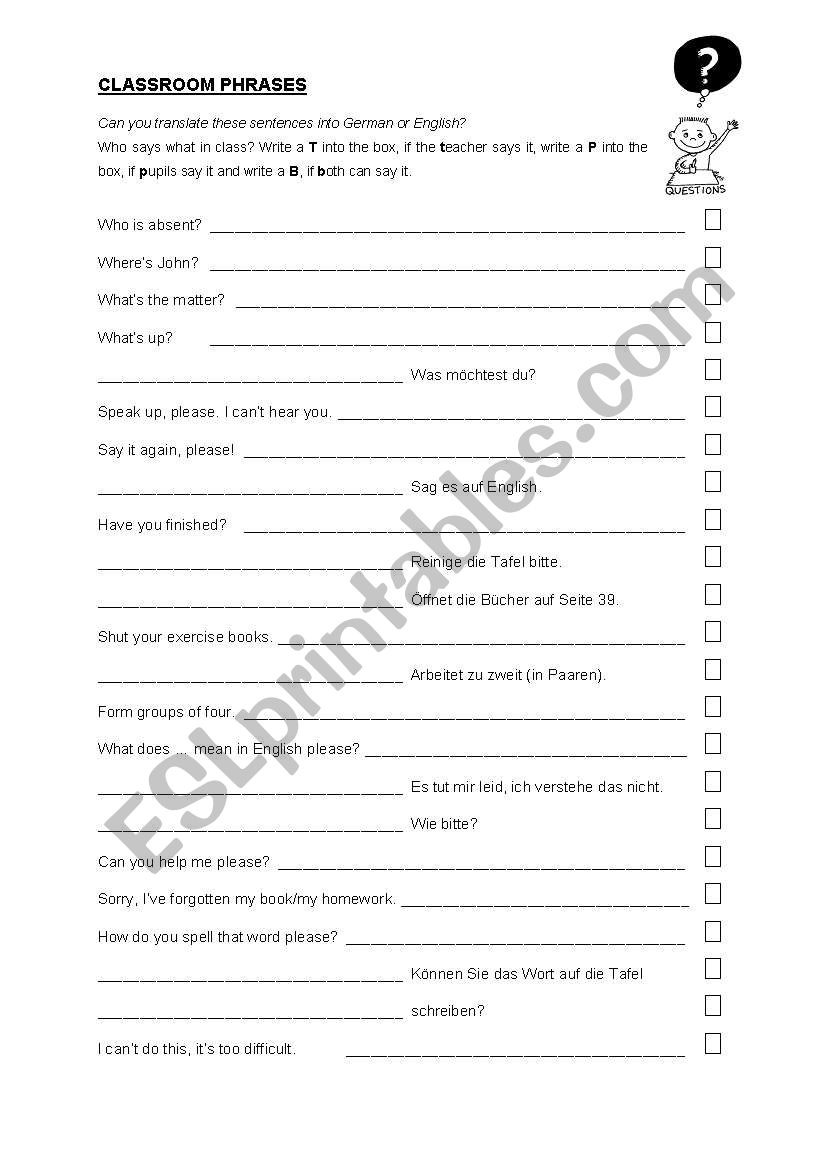 Classroom Phrases worksheet