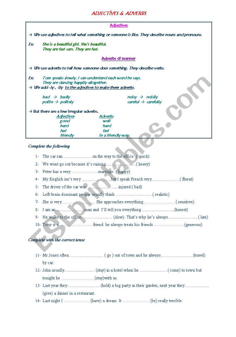 adjectives and adverbs worksheet