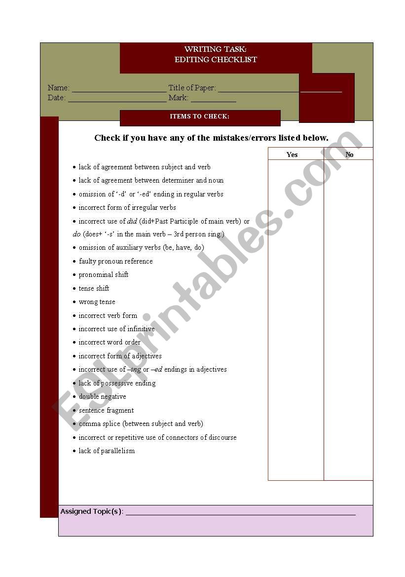 Writing Task - editing checklist