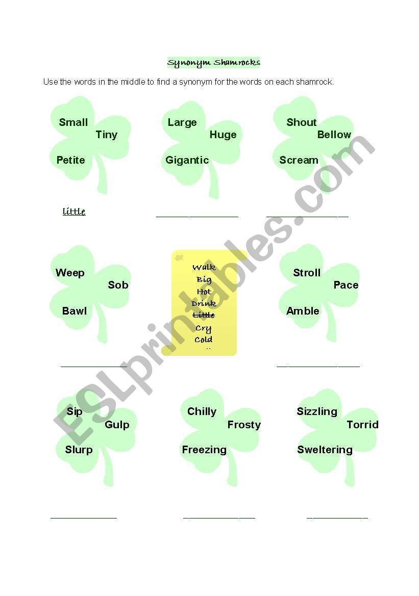 Synonym Shamrocks worksheet