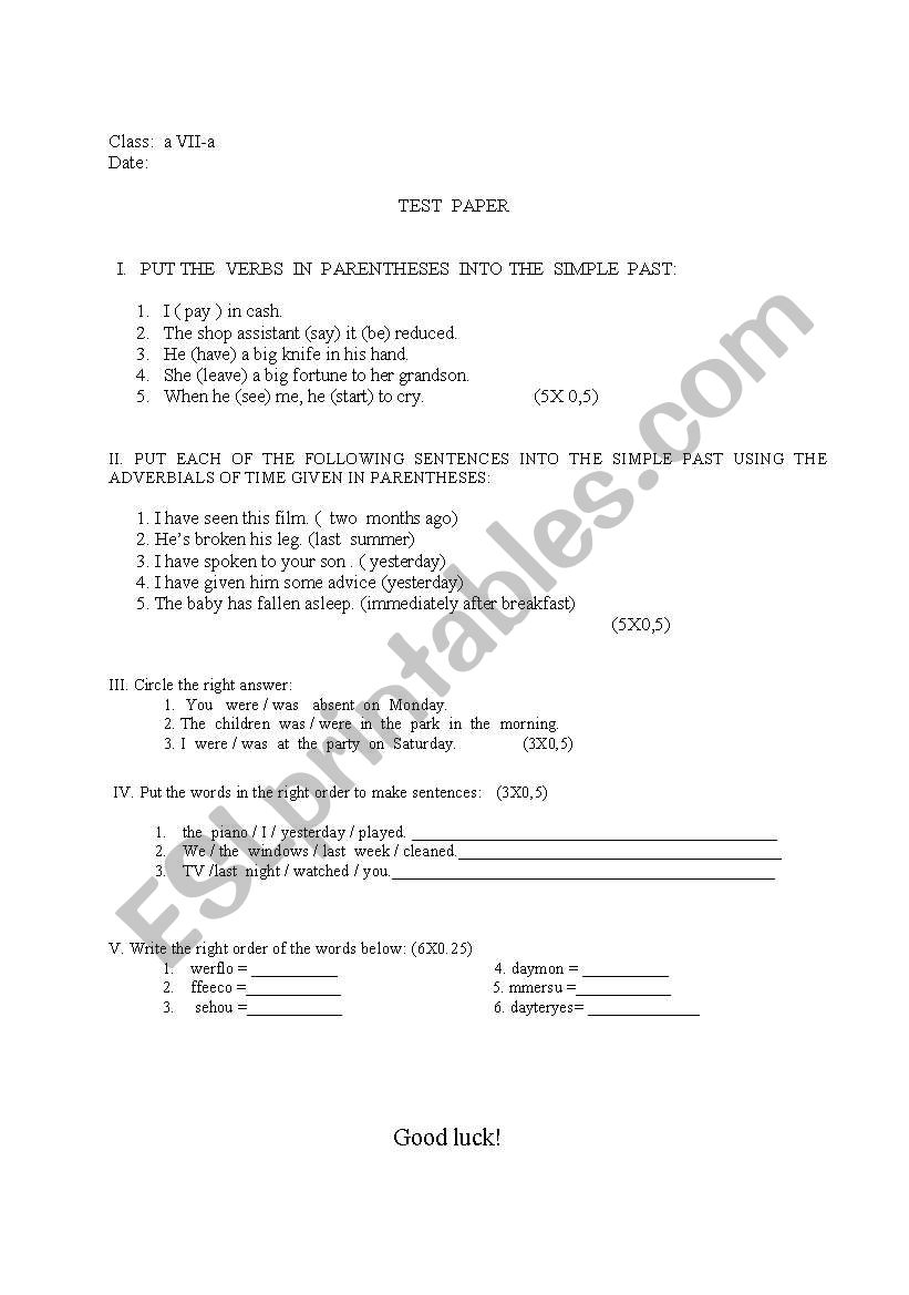 test  worksheet