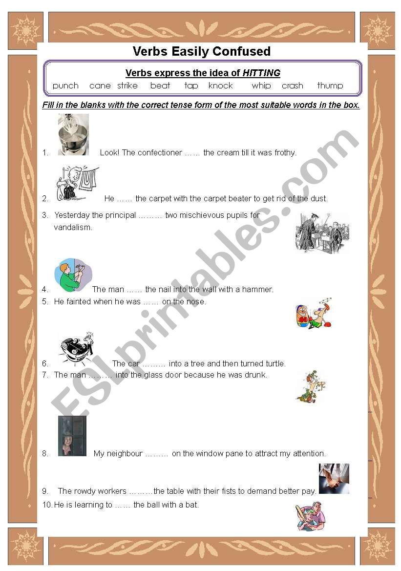 Words easily confused-hitting worksheet