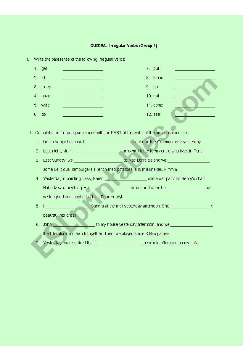 a quiz of irregular verbs worksheet