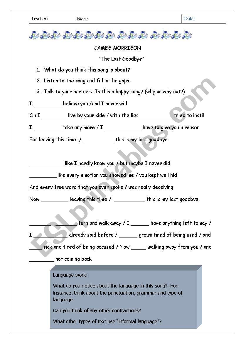 Contractions and grammar focused gap fill worksheet from a song