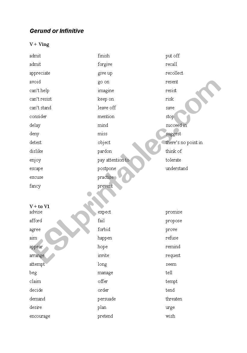 gerund or to+infinitive worksheet